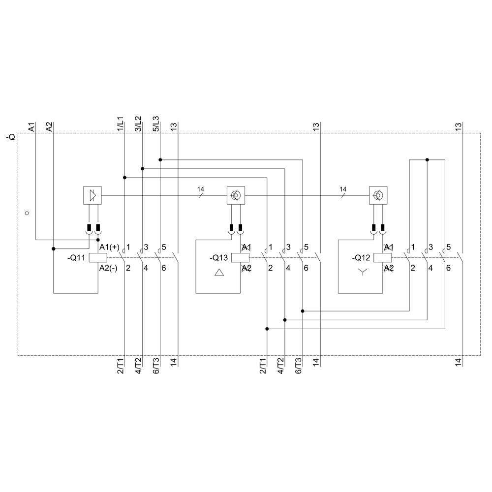 Elektroschaltplan mit drei Schaltkreisen; zeigt Relais, Schalter und Verbindungen. Signalfluss von links nach rechts ersichtlich.
