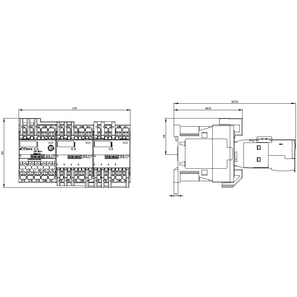 Technische Zeichnung eines elektrischen Bauteils mit detaillierten Maßen. Diagramm zeigt Vorder- und Seitenansicht. Maße sind in Millimeter angegeben.