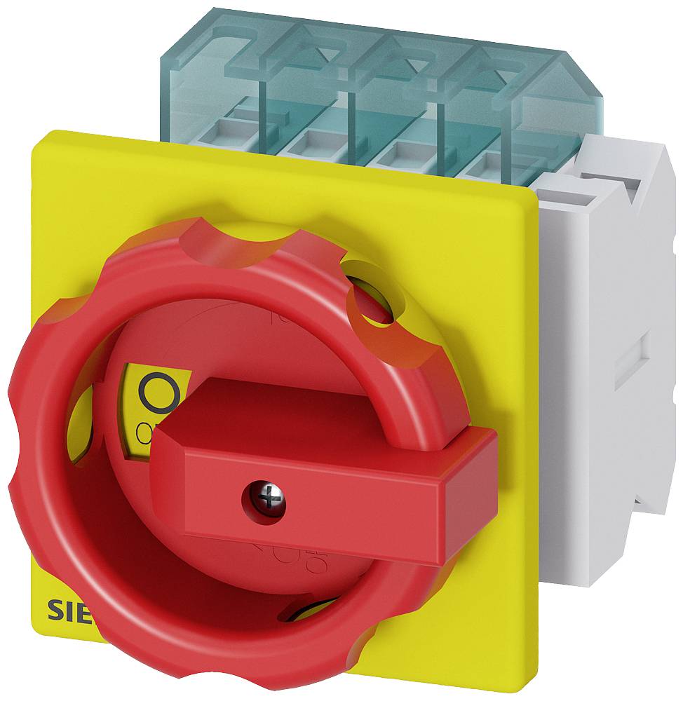 Ein gelber elektrischer Schalter mit rotem Griff, beschriftet mit 'ON' und 'OFF'. Der Schalter ist auf der 'OFF'-Position.