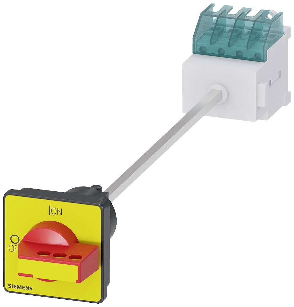 Ein roter und gelber Schalter von Siemens, der zwischen 'ON' und 'OFF' umgeschaltet werden kann. Der Schalter ist mit einem Stab verbunden.