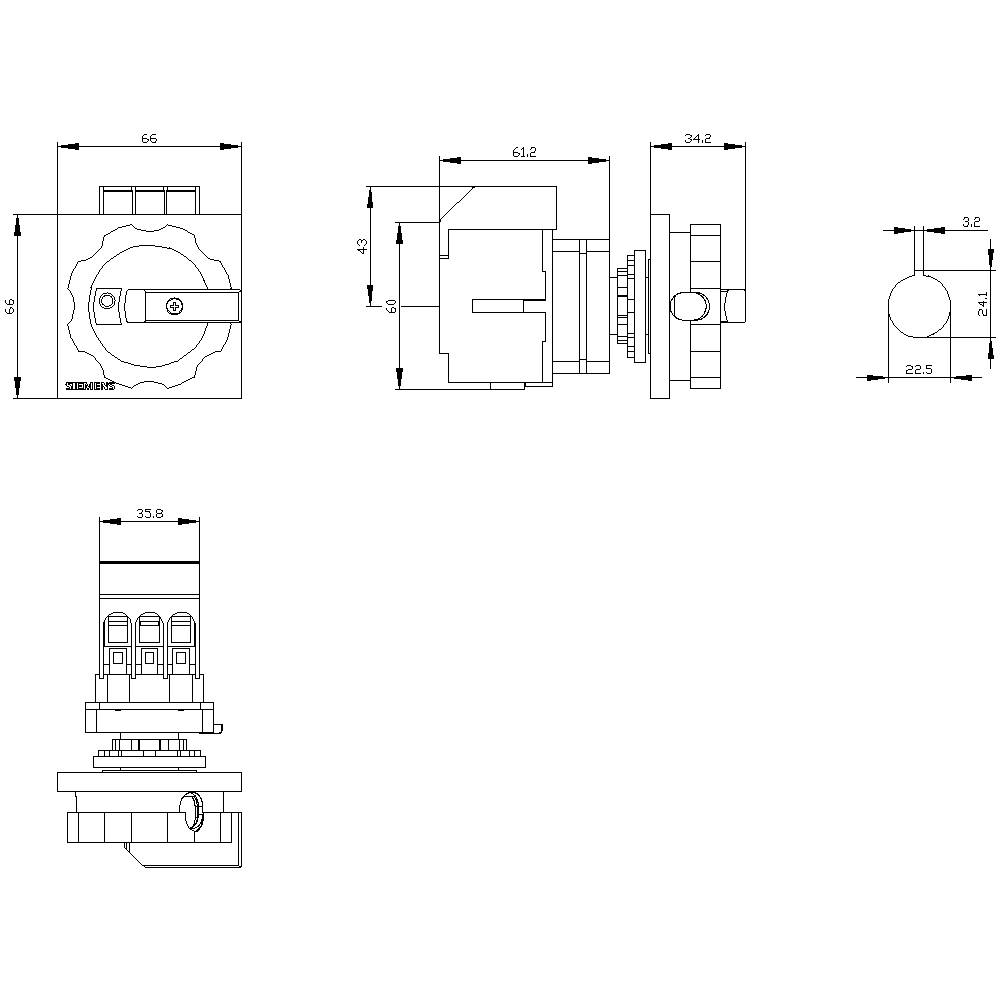 Technische Zeichnung eines Bauteils mit Maßen und Ansichten von vorne, oben und seitlich. Hauptmaße: 66mm, 34.8mm, 22.5mm.