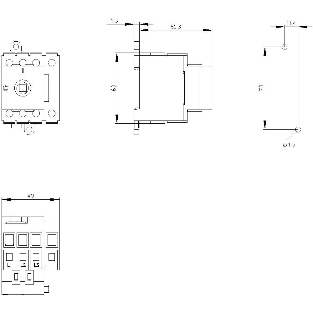 Technische Zeichnung eines Bauteils mit Maßangaben: 61,3 mm Breite, 70 mm Höhe, 49 mm Breite von unten. Vorder- und Seitenansicht gezeigt.