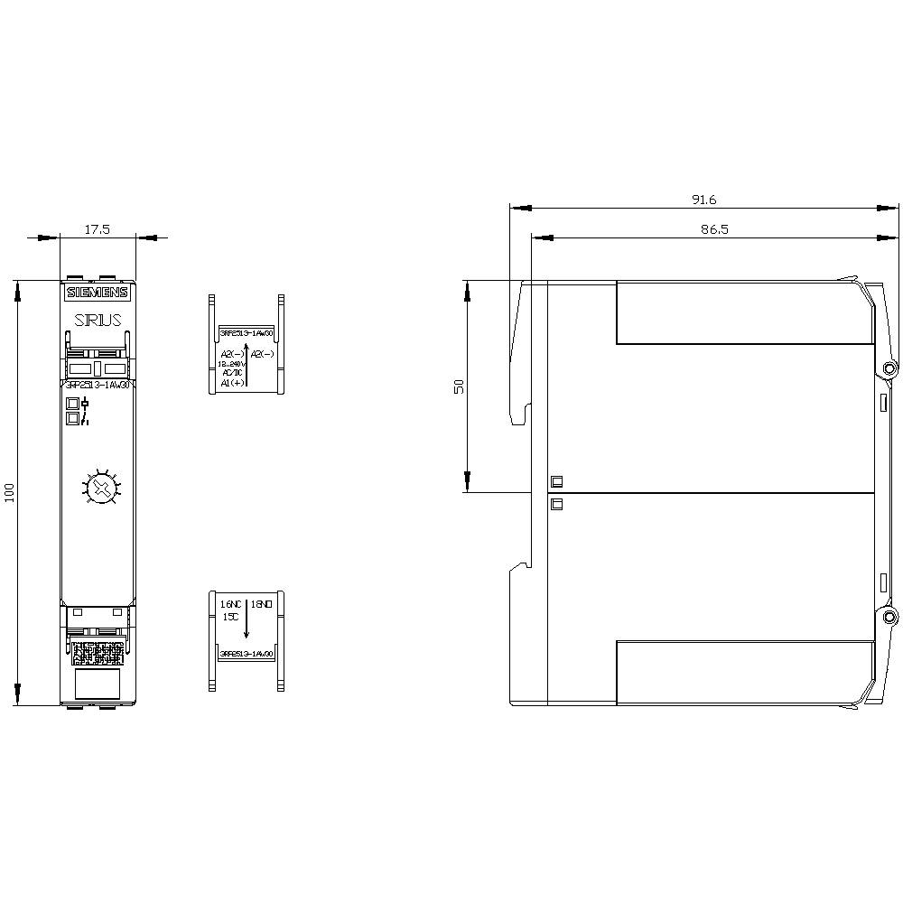 Technische Zeichnung eines elektrischen Bauteils mit Abmessungen: Breite 175 mm, Höhe 100 mm, Tiefe 91,6 mm. Enthält seitliche und frontale Ansichten.