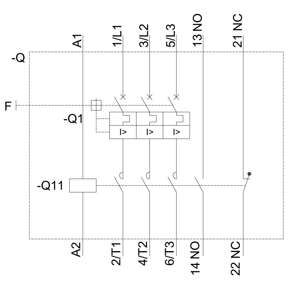 Schaltplan zeigt elektrisches Schaltschema mit Relais Q1 und Q11, Verbindungspunkte markiert als A1, A2. Linien zu L1, L2, L3, T1, T2, T3.