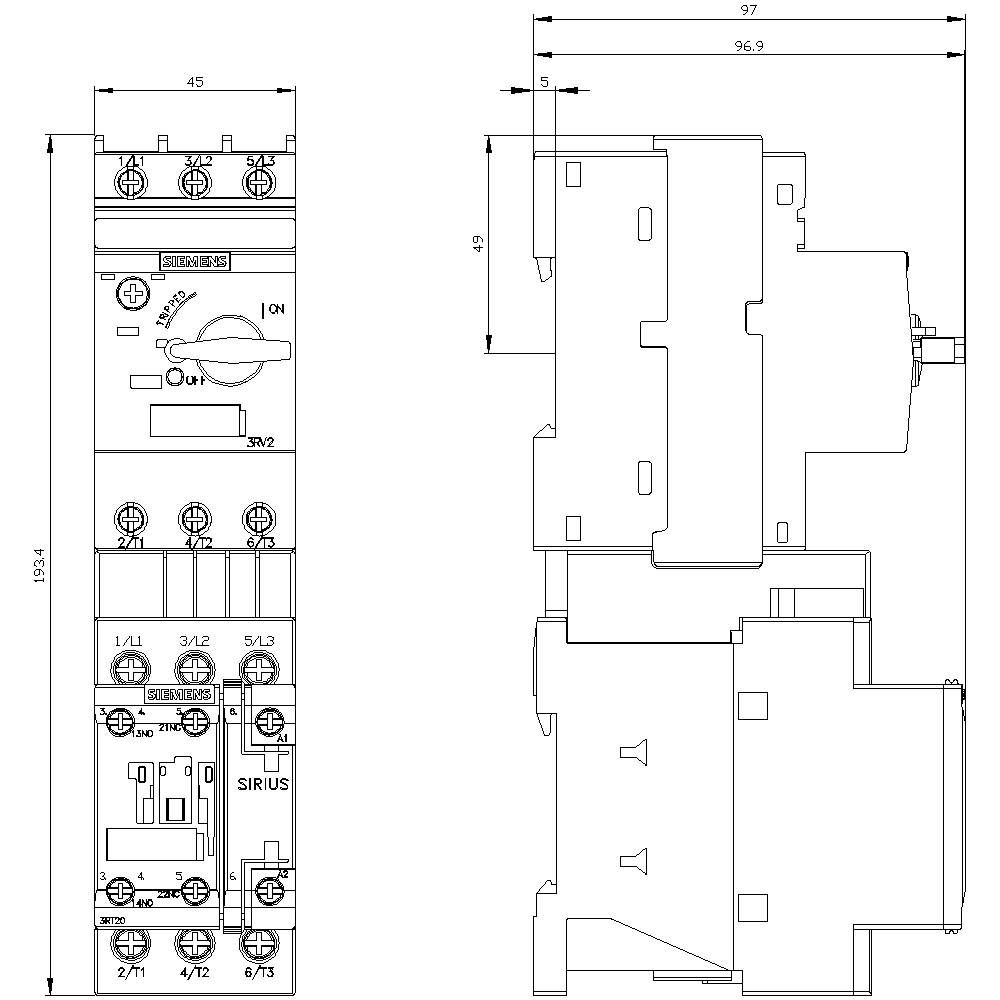 Technische Zeichnung eines elektrischen Schaltgeräts mit Vorder- und Seitenansicht, zeigt Maße von 45mm Breite und 96,9mm Tiefe.