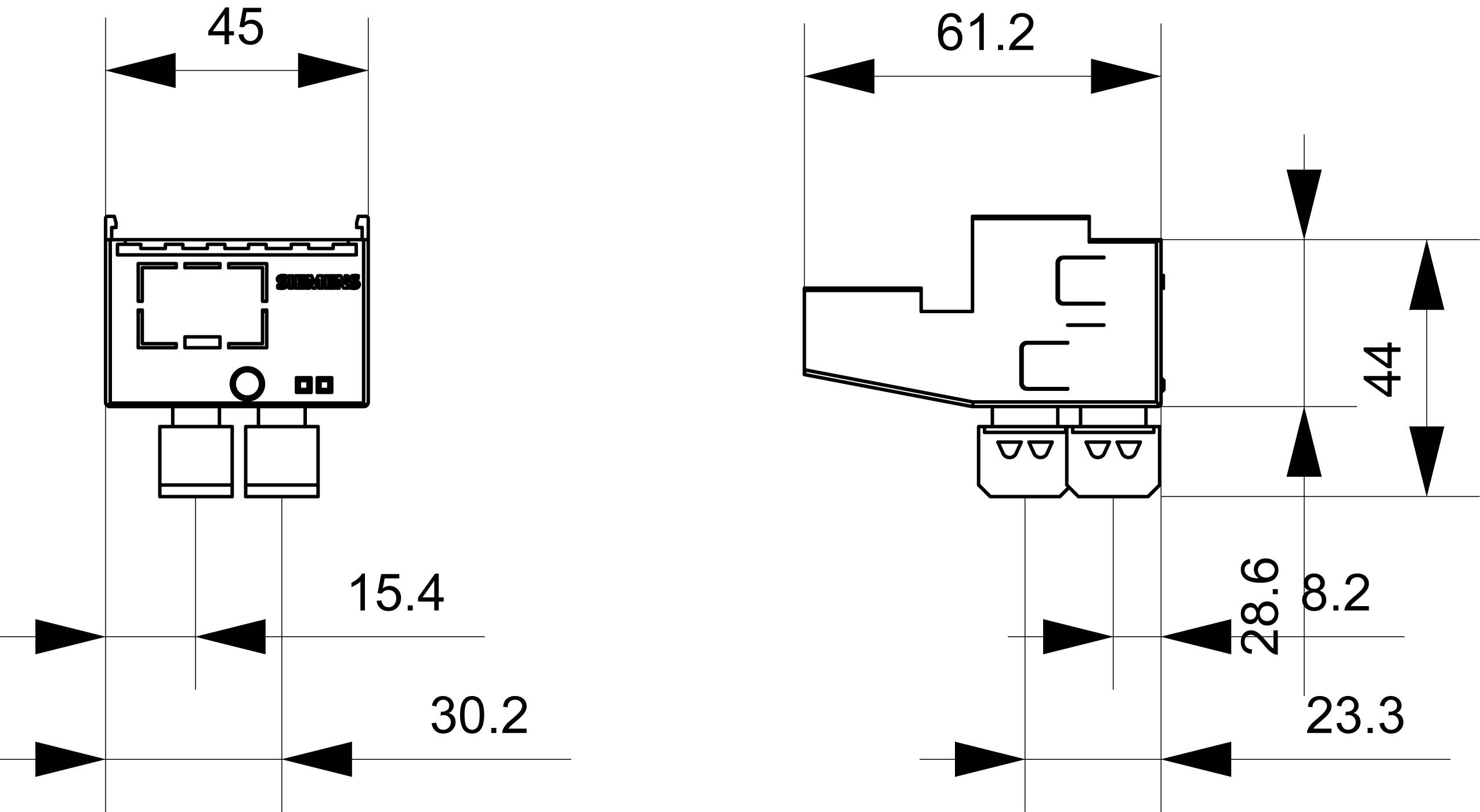 Technische Zeichnung eines rechteckigen Geräts mit Maßen und Abständen in Millimetern, zeigt Vorder- und Seitenansicht mit spezifischen Details.