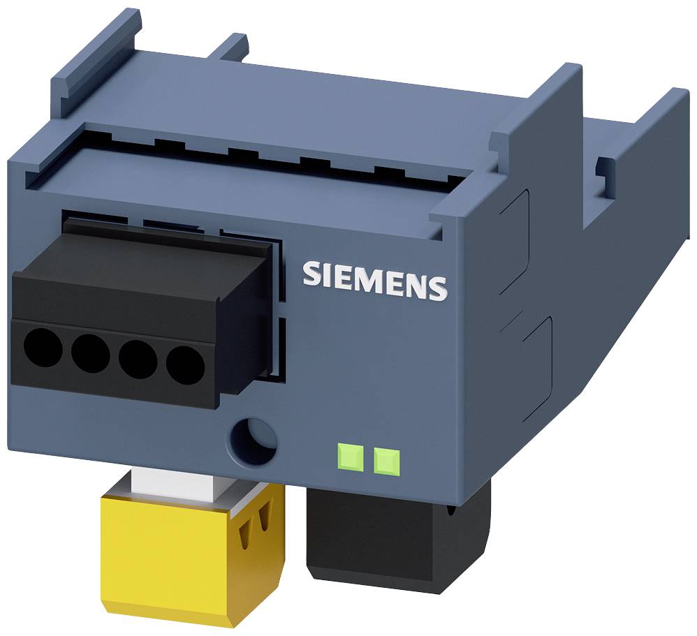 Kompakter elektrischer Siemens-Stecker mit vier schwarzen Anschlussbuchsen, zwei grünen Indikatorleuchten, montiert auf einer Halterung.