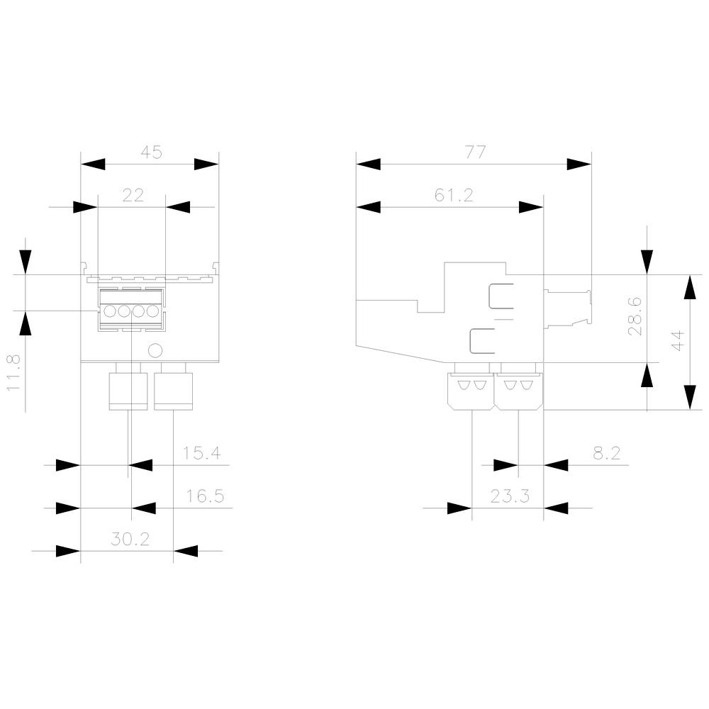 Technische Zeichnung eines zweipoligen Relaisgehäuses mit Maßen: 45x22x11.8 mm von vorne, 77x44x28.6 mm seitlich.