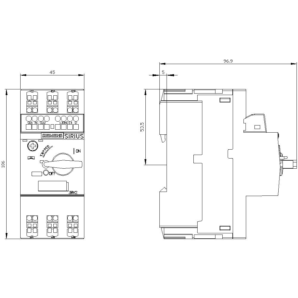 Technische Zeichnung eines elektrischen Schalters. Zeigt Vorder- und Seitenansicht mit Maßangaben und Details des Designs.
