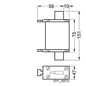 Technische Zeichnung eines Metallteils mit Maßen: 58 mm Breite, 151 mm Länge, 75 mm Höhe, und 47 mm Abstand an einer Stelle.
