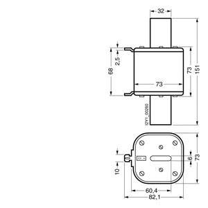 Technische Zeichnung eines quadratischen Teils mit Maßen, Seitenansicht und Draufsicht. Maße: 73 mm Breite, 32 mm Rohrdurchmesser.