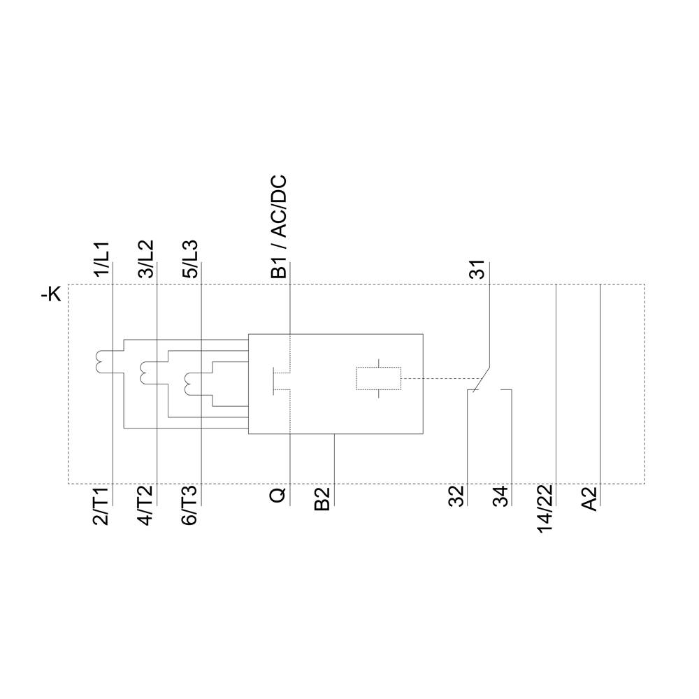 Schaltplan eines elektrischen Schaltkreises mit verschiedenen Anschlusspunkten, darunter Bezeichnungen wie '1/L1', 'B1/AC/DC' und 'A2'.