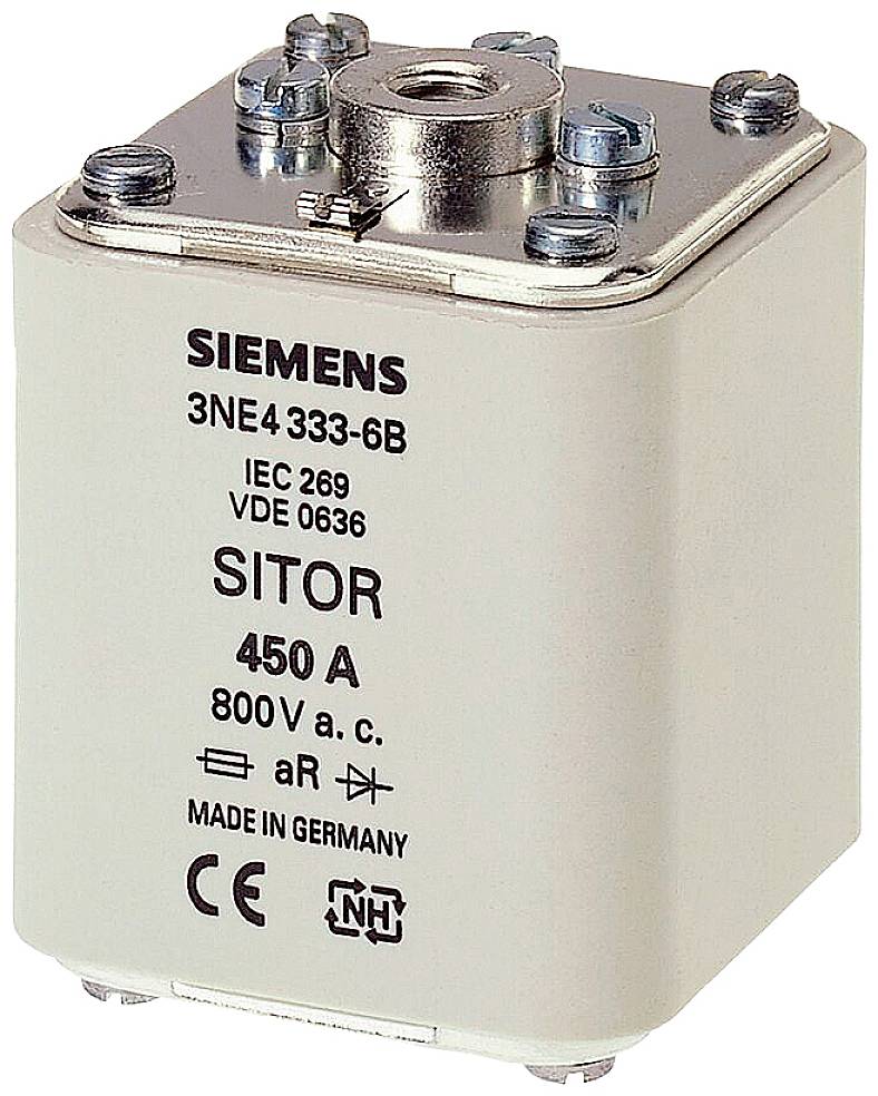 Eine Siemens-Sicherung vom Typ 3NE4 333-6B, Modell SITOR, mit einer Stromstärke von 450 A und einer Spannung von 800 V, hergestellt in Deutschland.