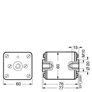 Technische Zeichnung eines Bauteils mit Abmessungen: 60x76x77. Enthält Gewinde M10, Durchmesser 20, in Millimetern angegeben.