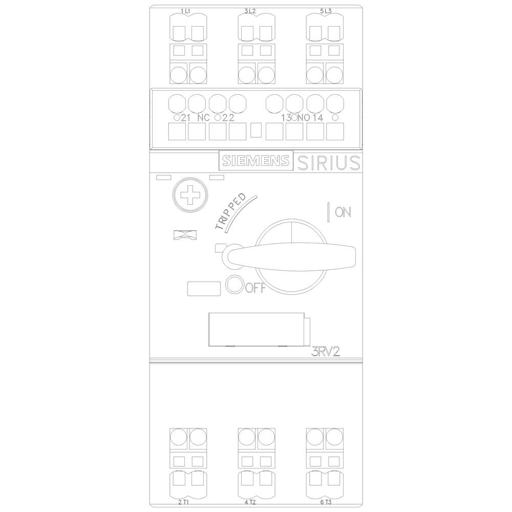 Industrieschalter von Siemens, Modell Sirius, mit verschiedenen Anschlussklemmen, Schalter in Mittelposition zwischen 'ON' und 'OFF'.
