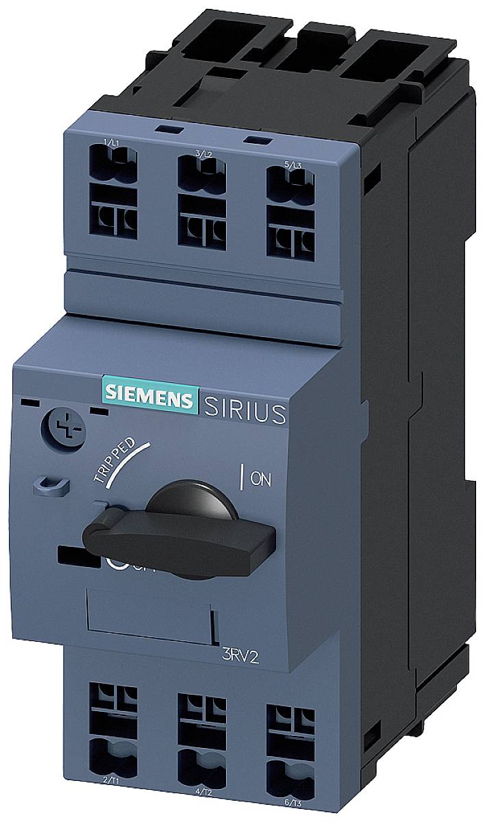 Ein blauer Siemens Motorschutzschalter aus der Sirius-Reihe, zeigt Positionen 'TRIPPED' und 'ON', mit mehreren Anschlussklemmen.