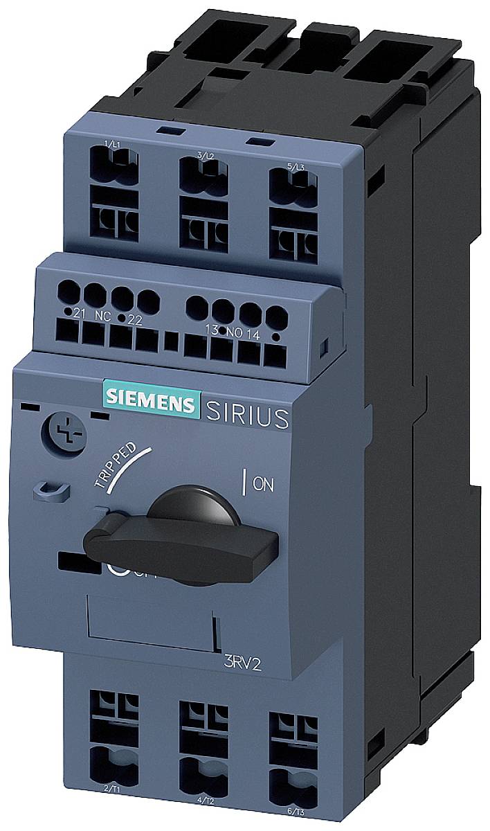 Ein blauer Siemens SIRIUS Schalter für elektrische Steuerungssysteme, mit Positionsanzeige für 'TRIPPED' und 'ON'.