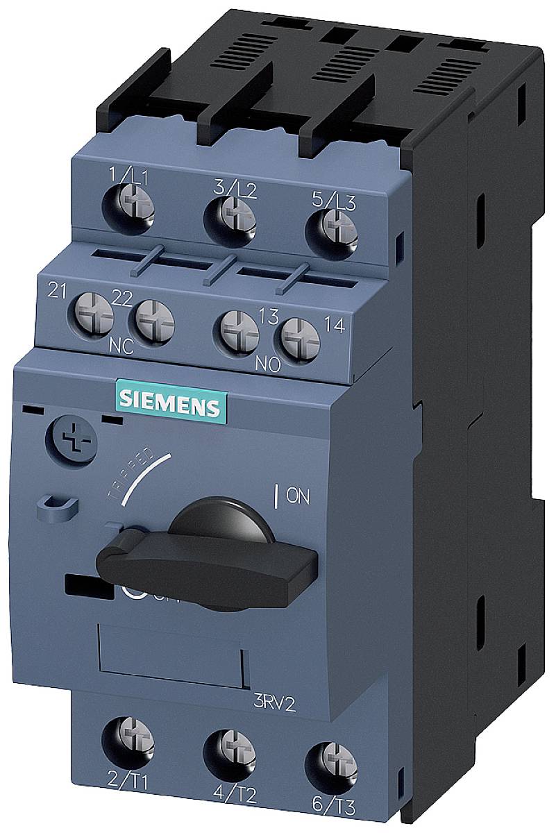 Ein blauer Siemens-Leistungsschalter mit Drehknopf, mehreren Anschlussklemmen und Beschriftungen. Verwendet zur Steuerung elektrischer Schaltkreise.