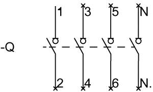 Abbildung eines elektrischen Schaltplans mit sechs vertikalen Linien, die mit den Nummern 1 bis 6, und Buchstaben Q und N beschriftet sind.