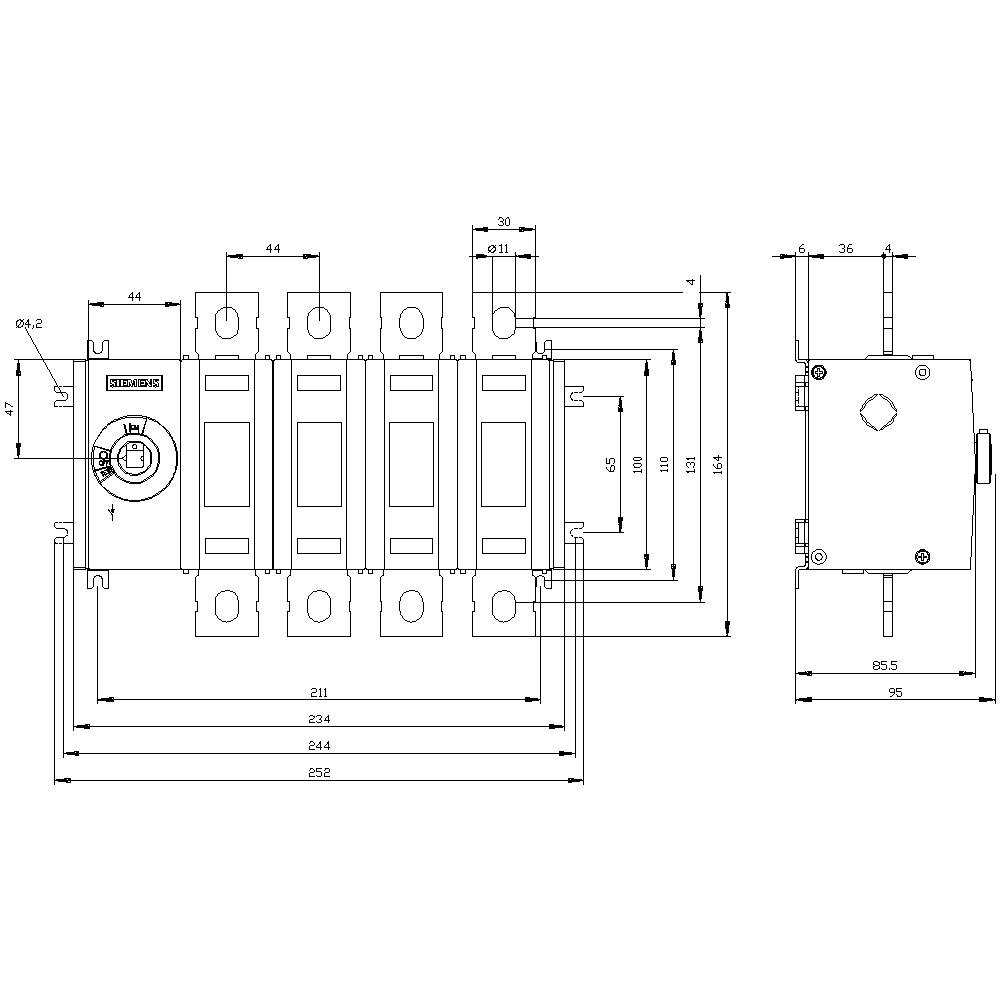 Technische Zeichnung eines elektrischen Schalters mit Maßen. Seiten- und Vorderansicht zeigen Abmessungen und Anschlussdetails.