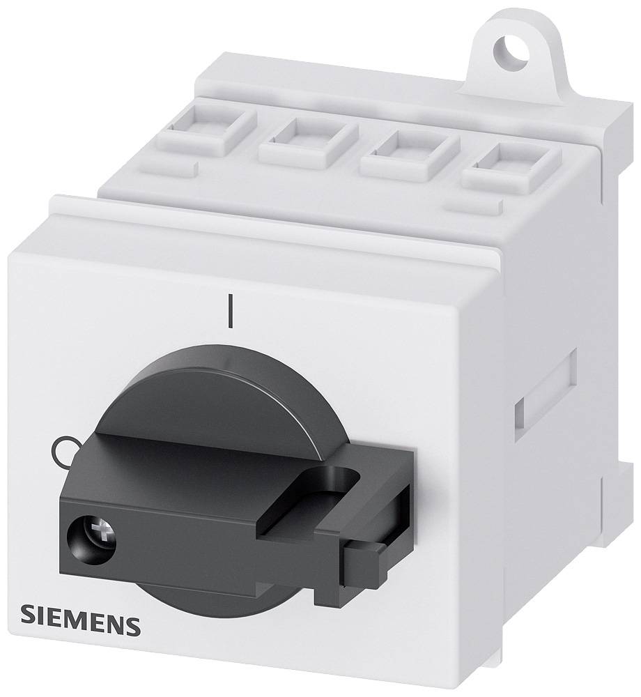 Ein weißer Siemens-Schalter mit einem schwarzen Drehknopf, der in neutraler Position steht. Der Schalter ist zur Wandmontage geeignet.