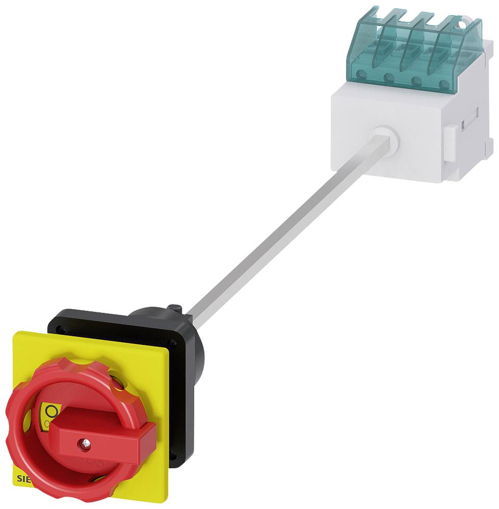 Ein roter Hauptschalter mit gelber Hintergrundplatte und verlängertem Stiel. Der Schalter ist im eingeschalteten Zustand.