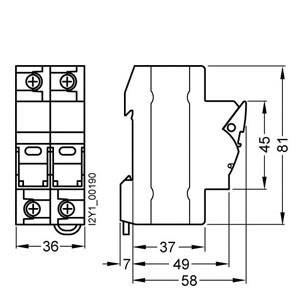 Technische Zeichnung eines elektrischen Bauteils mit Abmessungen: Breite 36 mm, Tiefe 58 mm, Höhe 81 mm.