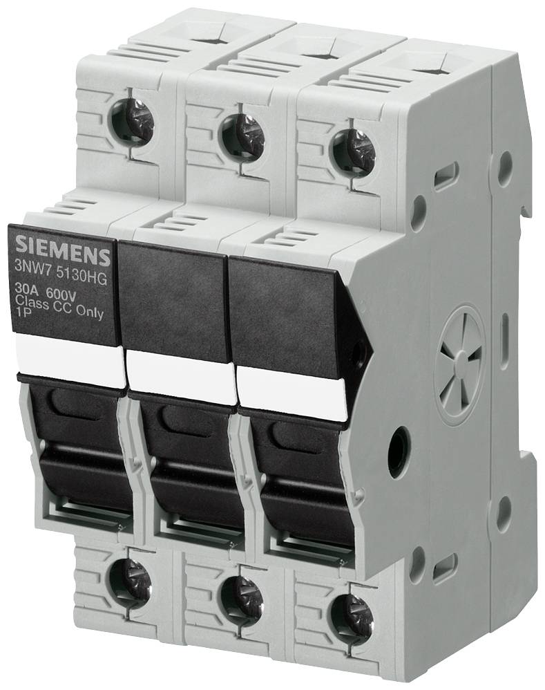 Ein dreipoliger Siemens-Leistungsschalter, Modell 3NW7 5130HG, mit 30A, 600V, und der Aufschrift 'Class CC Only'.