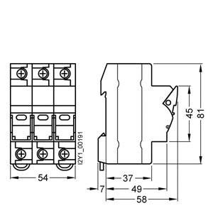 Zeichnung eines elektrischen Schalters mit Maßen: Breite 54 mm, Tiefe 58 mm, Höhe 81 mm. Zeigt Vorder- und Seitenansicht.