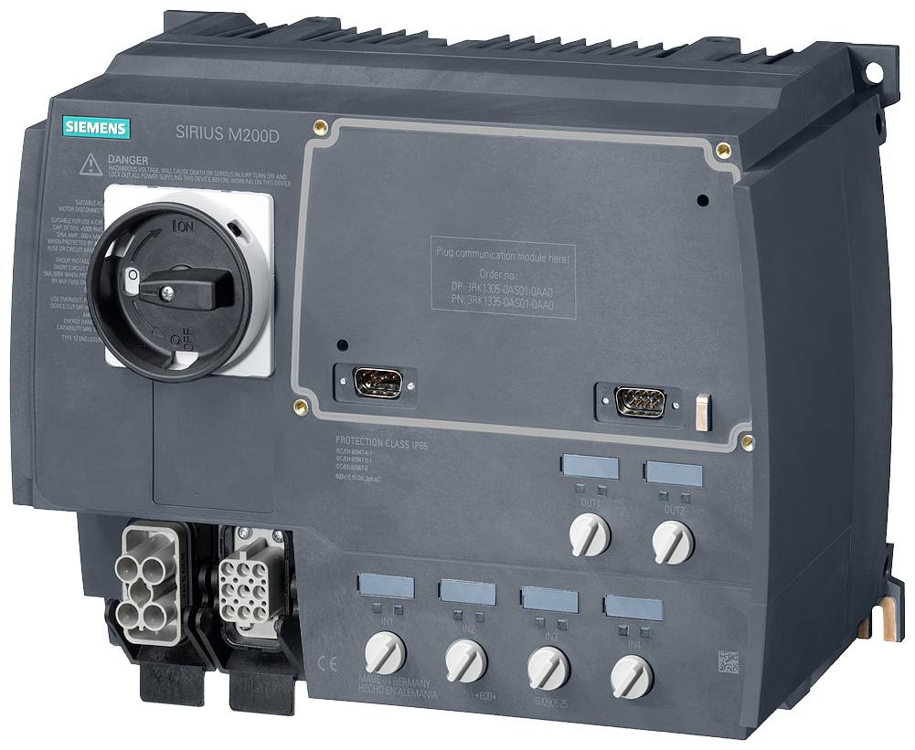 Ein graues, elektrisches Schaltschaltgerät mit Drehschalter, mehreren Anschlüssen und Bedienelementen. Modell 'Siemens SIRIUS M200D'.
