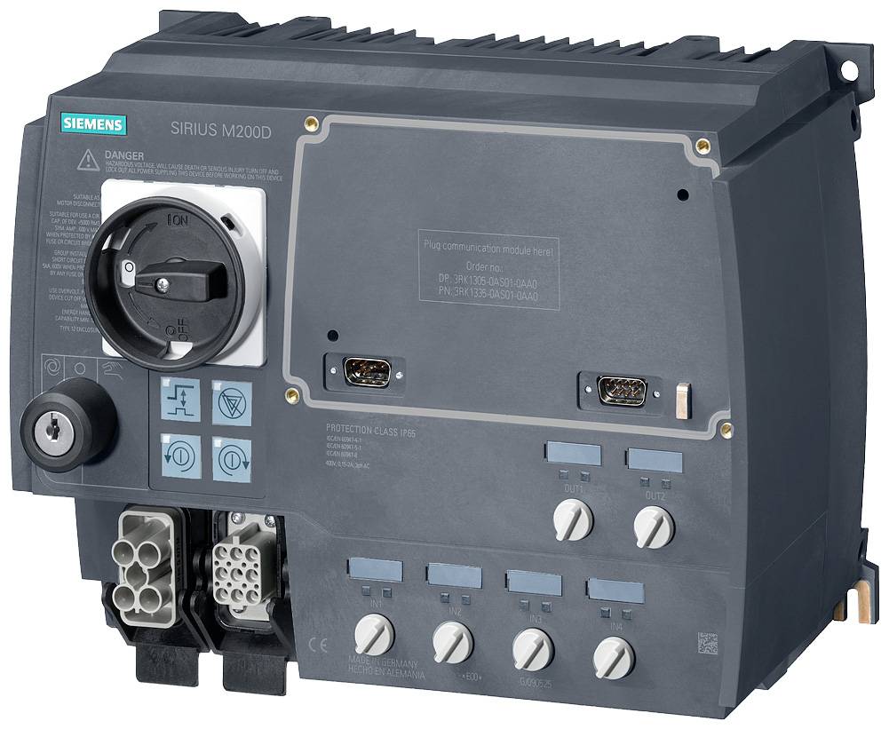 Elektrisches Steuergerät SIRIUS M200D, mit Schaltern und Anschlüssen. Hersteller: Siemens.