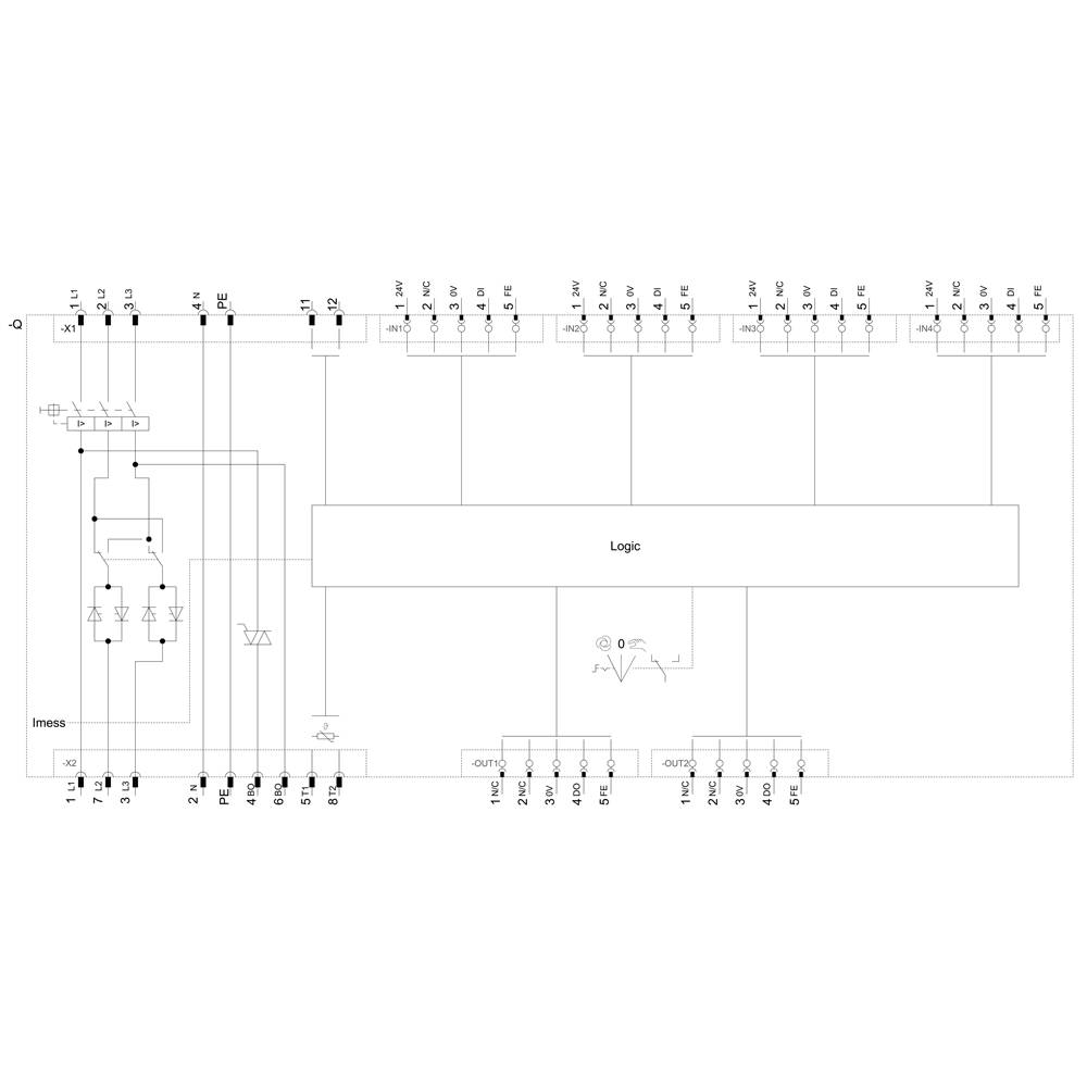 Schematische Darstellung eines logischen Schaltkreises mit Eingangs- und Ausgangspins sowie zentralem Logikblock. Beschriftungen zeigen Verbindungen.