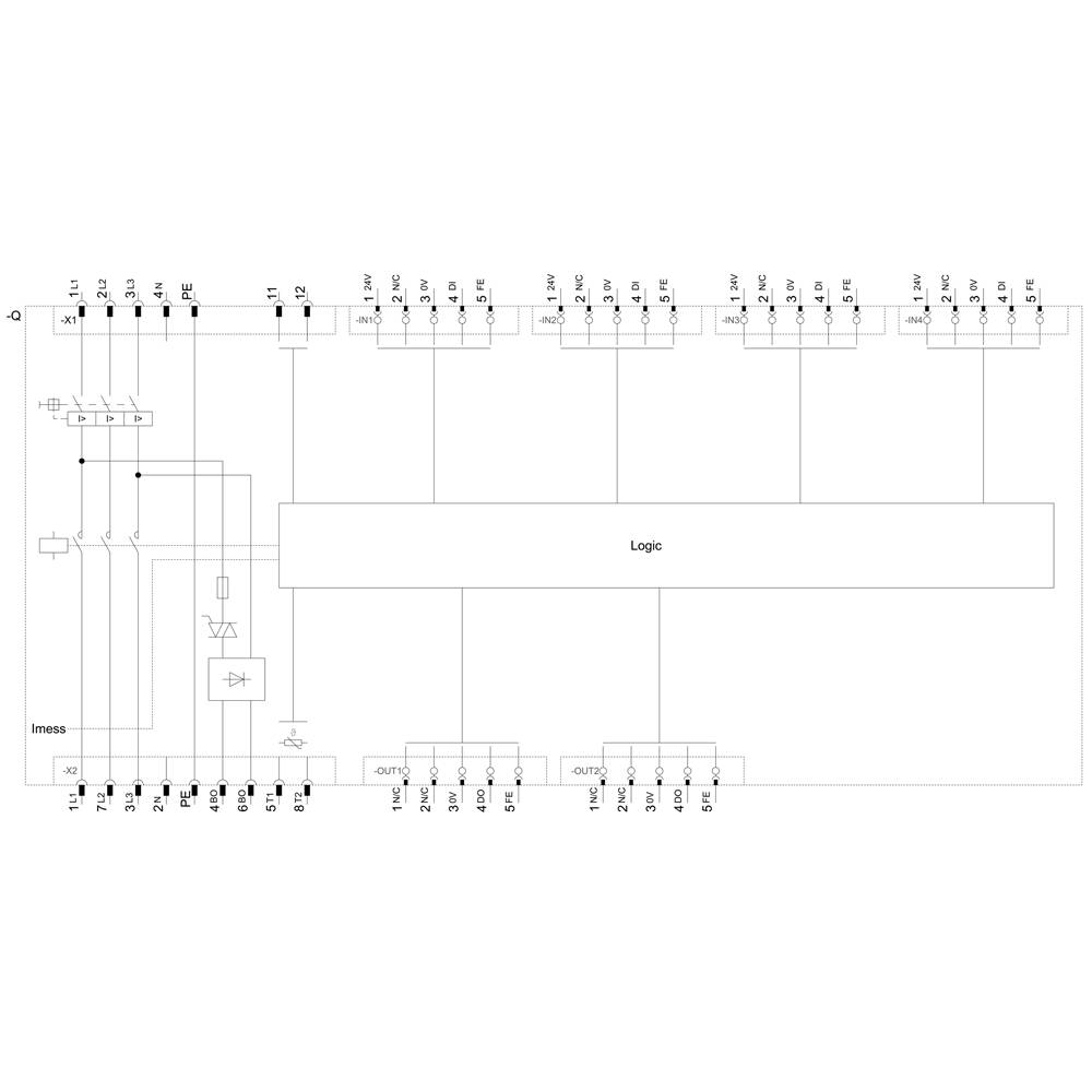 Schaltplan eines Elektroniksystems mit mehreren Eingängen, Logiksteuerung und Ausgängen. Zeigt Verbindungen und Bauteile wie Widerstände und Dioden.