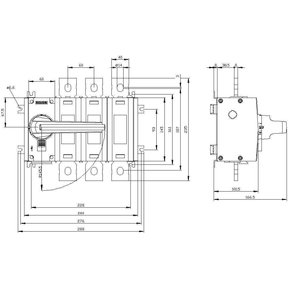 Technische Zeichnung eines Schalters mit Abmessungen, zeigt vorne und seitlich. Maße in Millimetern angegeben. Hauptbestandteile sind markiert.
