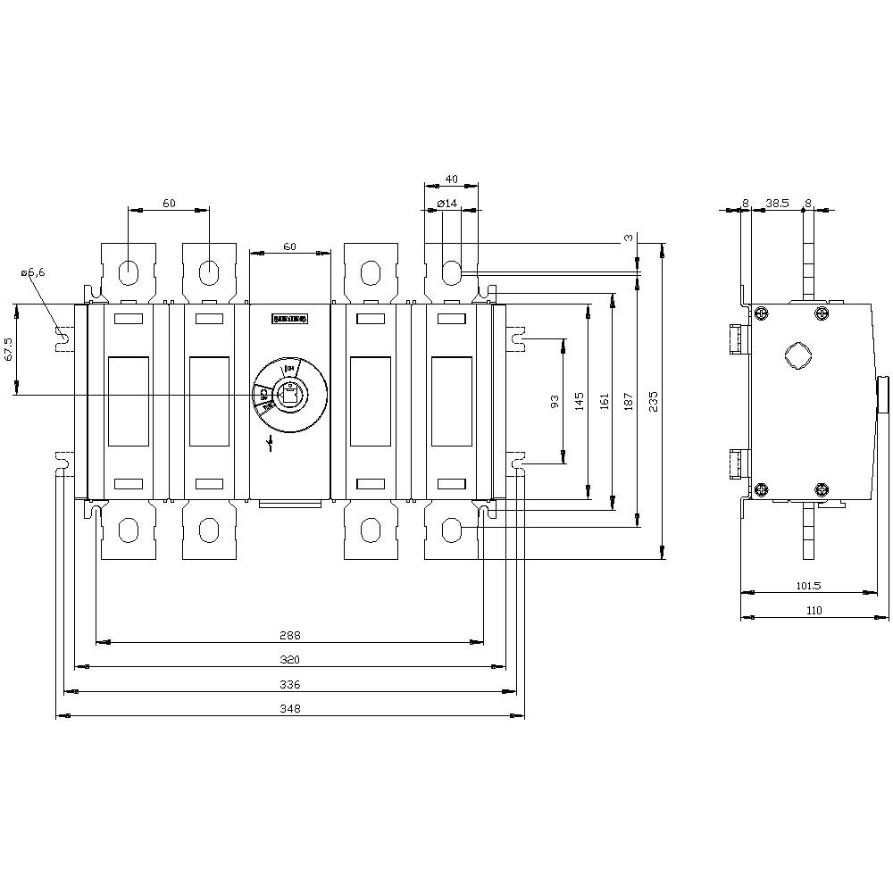 Ein technisches Diagramm zeigt die Abmessungen eines elektrischen Schalters mit drei horizontalen Spalten und 22 Anschlussklemmen. Maße sind in Millimetern angegeben.