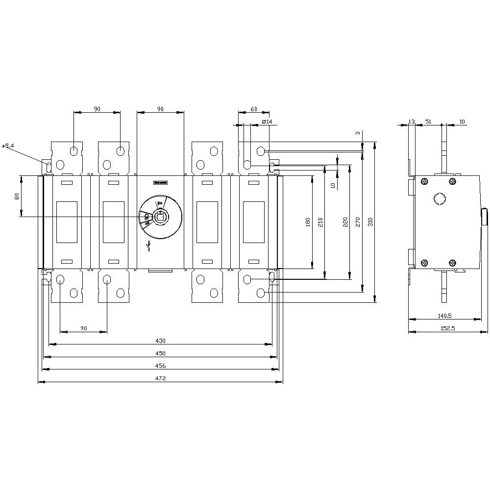 Technische Zeichnung eines elektrischen Schalters mit genauen Maßen in Millimetern. Darstellung der Vorder- und Seitenansicht.