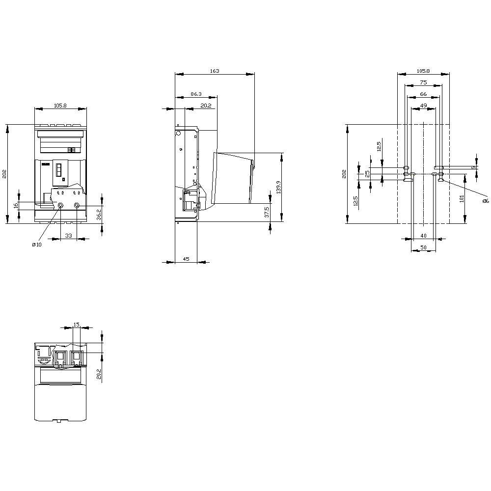 Technische Zeichnung eines Geräts mit frontaler, seitlicher und oberer Ansicht; Maße in Millimetern angegeben.