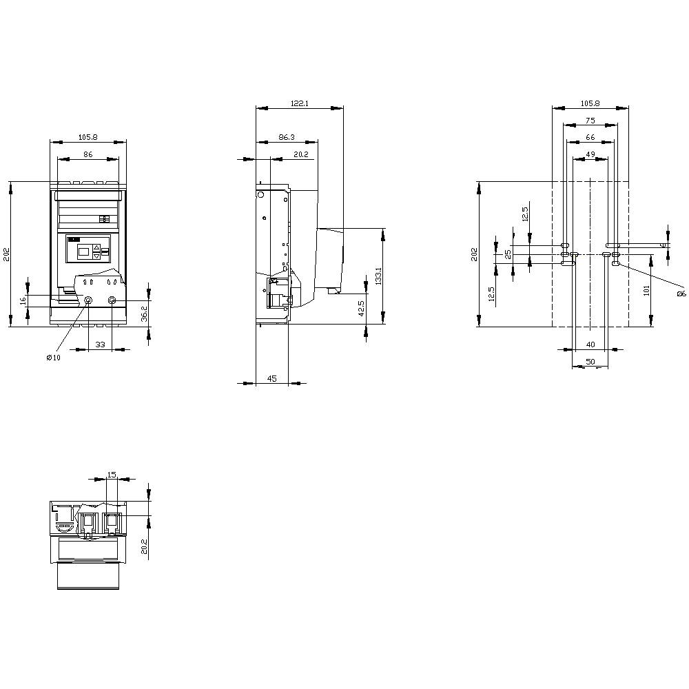 Technische Zeichnung eines Geräts aus mehreren Ansichten mit Bemaßungen in Millimetern. Front-, Seiten- und Draufsicht sind dargestellt.