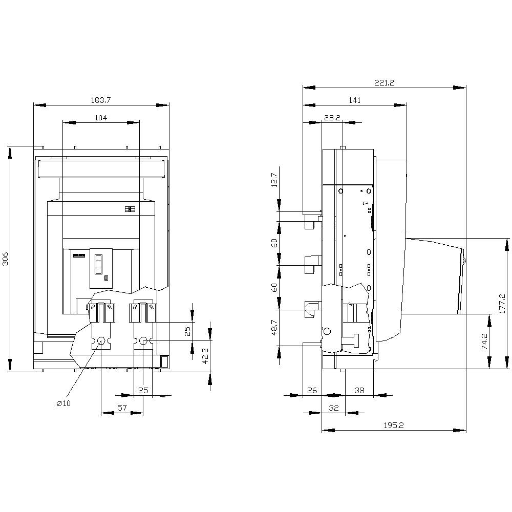 Technische Zeichnung eines elektrischen Schalters in zwei Ansichten, Vorder- und Seitenansicht, mit detaillierten Abmessungen.