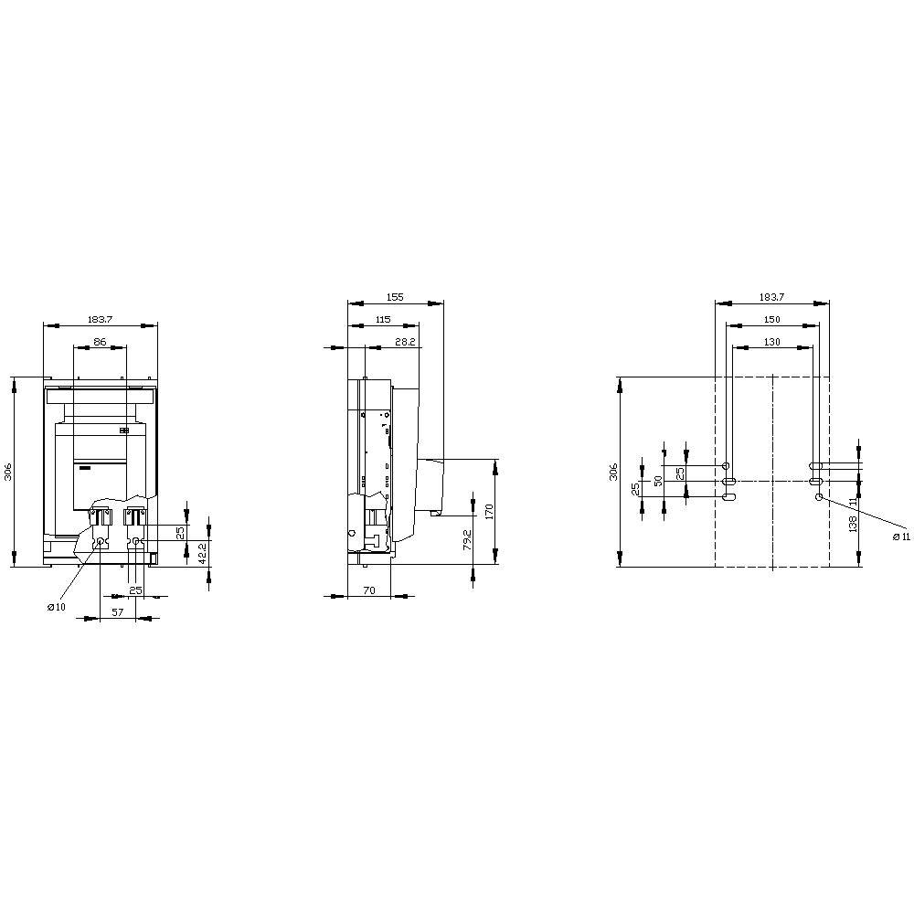 Technische Zeichnung eines mechanischen Teils in drei Ansichten mit Maßen in mm. Zeigt Vorder-, Seiten- und Draufsicht für präzise Montage.