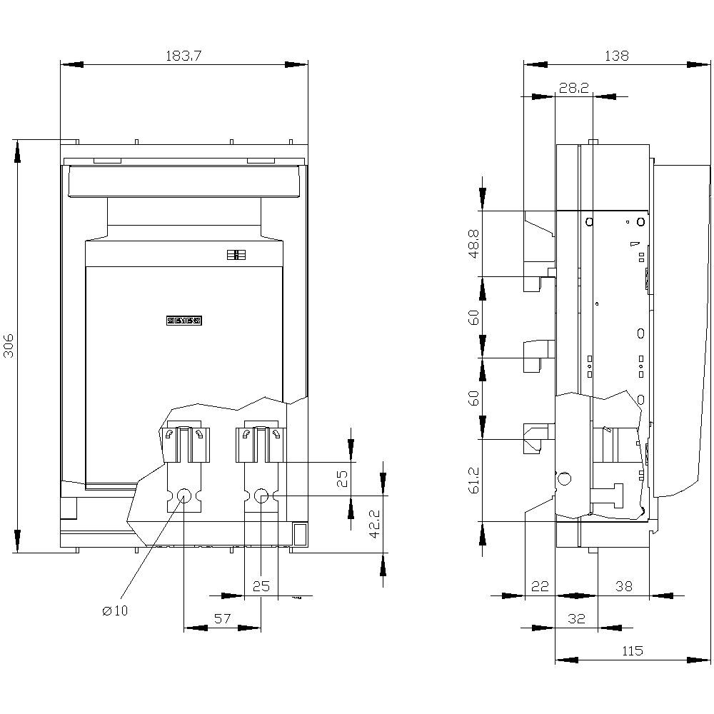 Technische Diagramme einer Maschine mit mehreren Abmessungen in Millimetern, Front- und Seitenansicht; Details und Maße hervorgehoben.