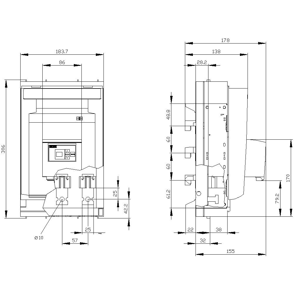 Technische Zeichnung eines elektrischen Schalters mit Front- und Seitenansicht. Maße sind in Millimetern angegeben.