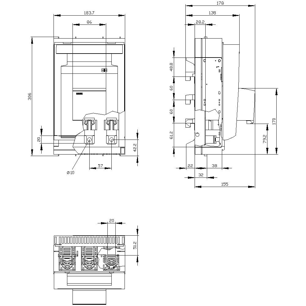 Technische Zeichnung eines elektrischen Schaltschranks mit drei Ansichten, inklusive detaillierter Maße und Beschriftungen der Anschlüsse.