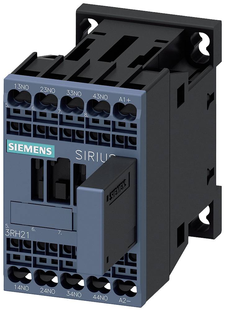Ein schwarzer Siemens SIRIUS Schütz mit blauen Akzenten, Modellnummer 3RH21, für industrielle Anwendungen.