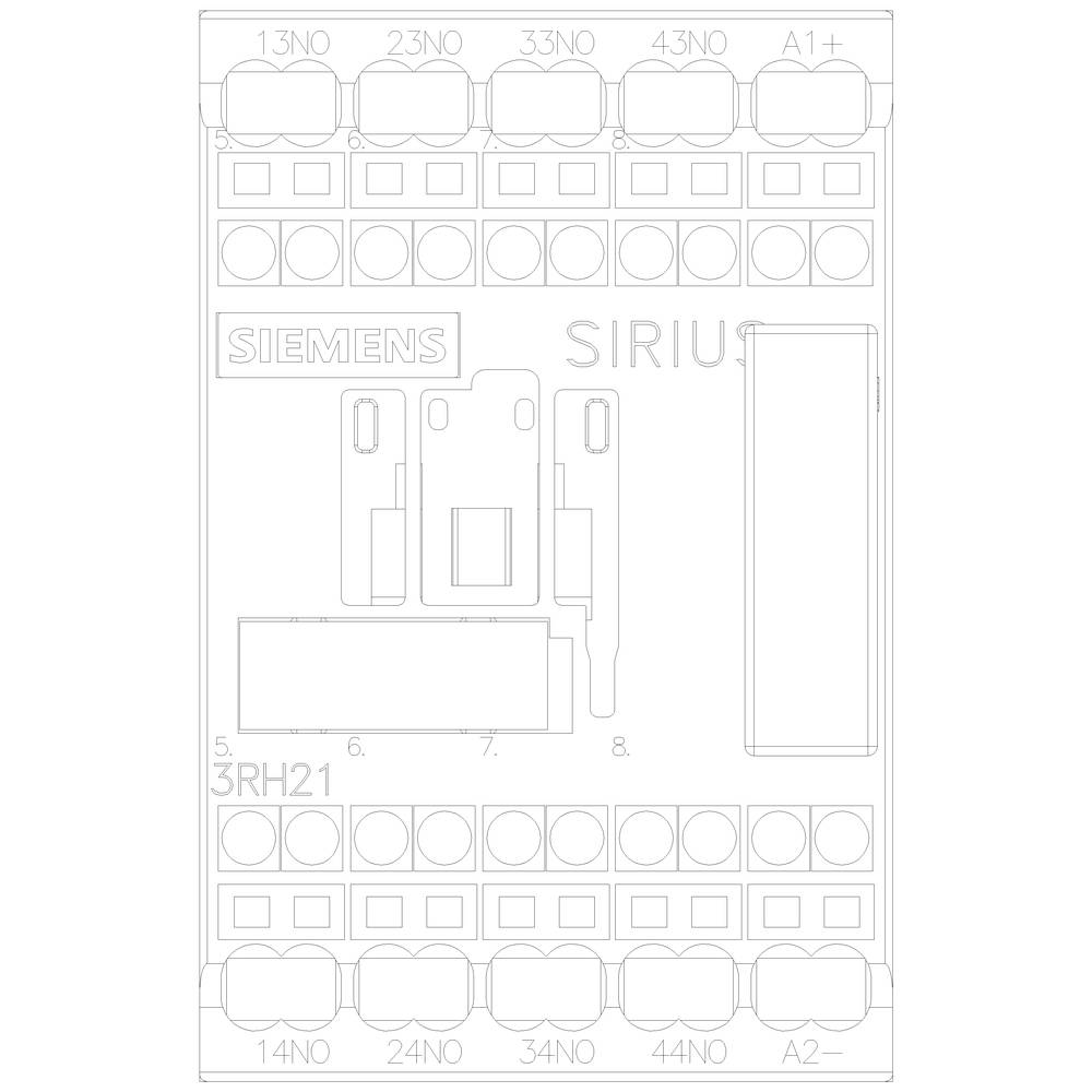 Ein technisches Diagramm eines Siemens SIRIUS Relaismoduls, zeigt Anschlussklemmen und Komponentenkennzeichnungen wie '13NO', '14NO', '33NO', '43NO', usw.