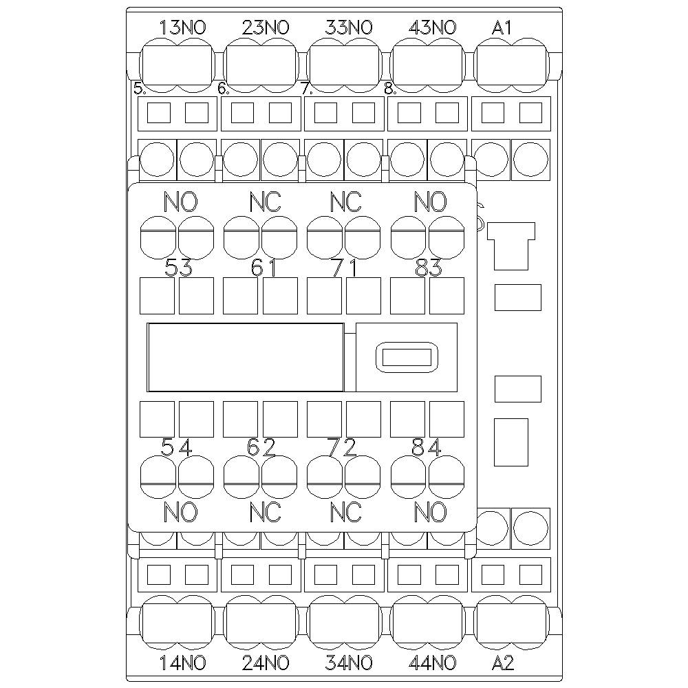 Diagramm eines elektrischen Schaltplans mit nummerierten Anschlüssen: 13NO, 23NO, 33NO, 43NO, A1; unten 14NO, 24NO, 34NO, 44NO, A2.