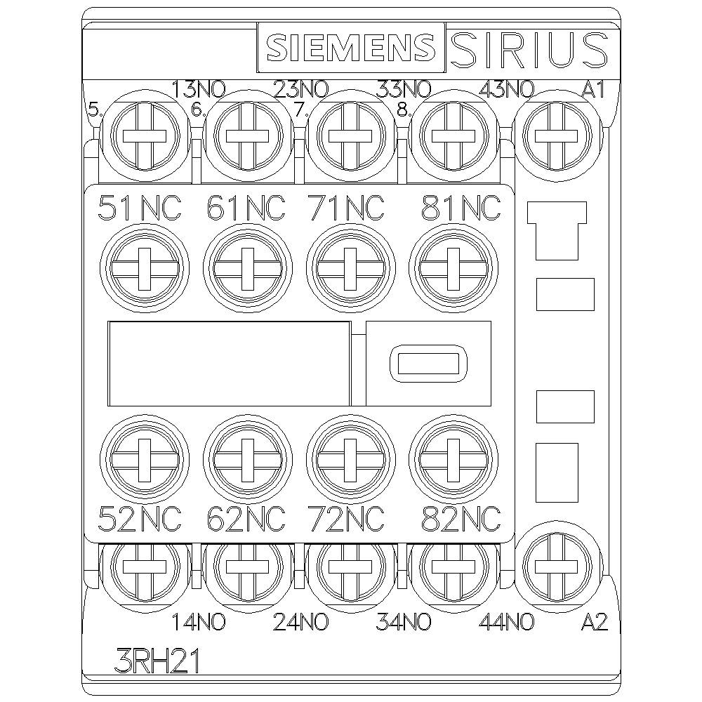 Technische Zeichnung eines Siemens SIRIUS 3RH21 Schaltrelais. Zeigt Anschlussklemmen und Kontaktbezeichnungen wie 'NO' und 'NC'.