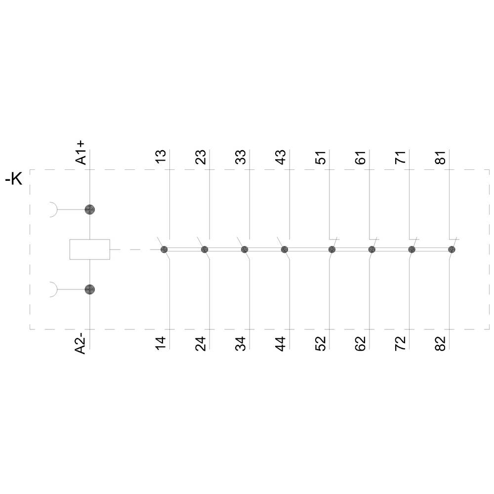 Klemmenplan eines elektrischen Geräts mit Nummerierung von 13 bis 14 bis 82, Verbindungen und Schaltplussymbol A1+ und A2-.