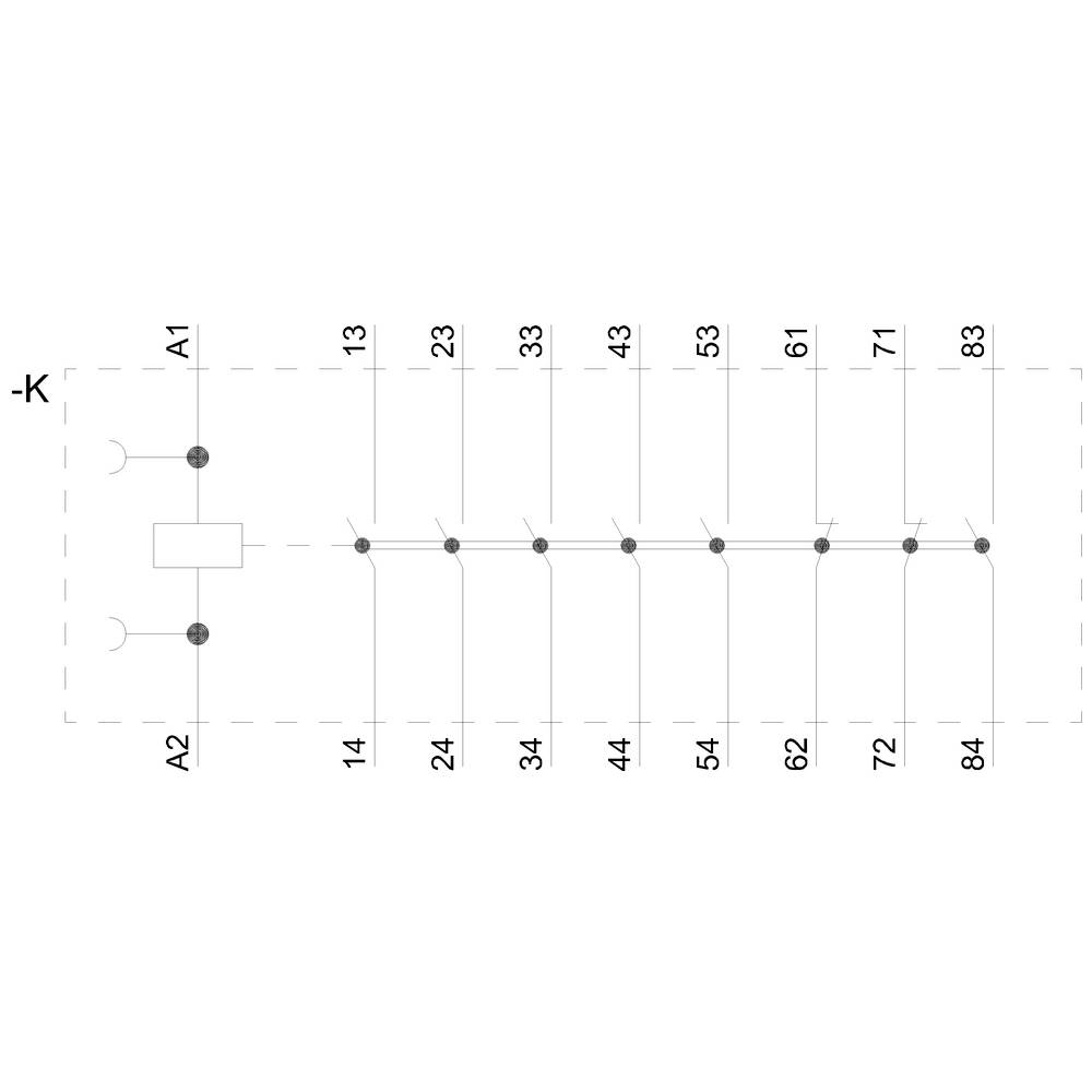 Elektrischer Schaltplan: Vertikale Linie verbindet Punkte von 13 bis 84. Rechteckige Einheit links zwischen A1 und A2. Linie -K verläuft links.