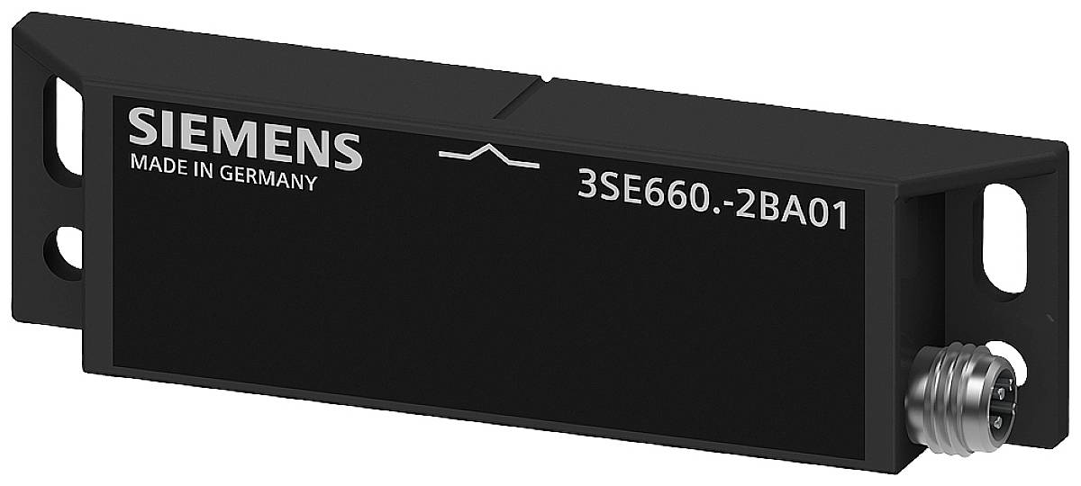 Schwarzer SIEMENS Positionsschalter 3SE660.-2BA01 mit Anschlussstecker, hergestellt in Deutschland, rechteckige Form.